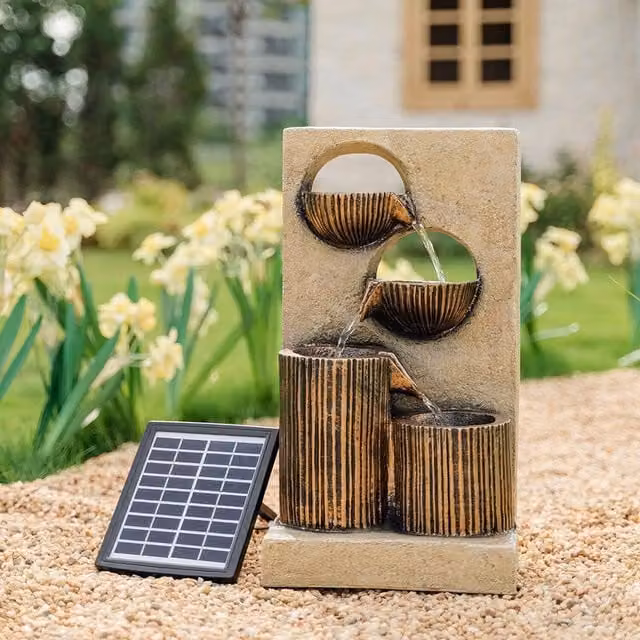 Livingandhome Solar Powered LED Tabletop Water Fountain, Brown Polyresin Hollow Bowl Decor