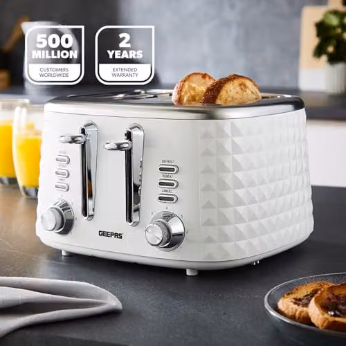 Geepas Argyle 4 Slice Toaster, 1750W, White – 2