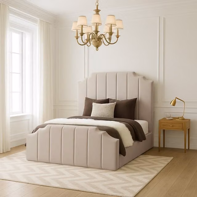Desire Deco Tower Upholstered Bed Frame in Silver, Yellow or Beige, W/D/H: 200 x 200 cm