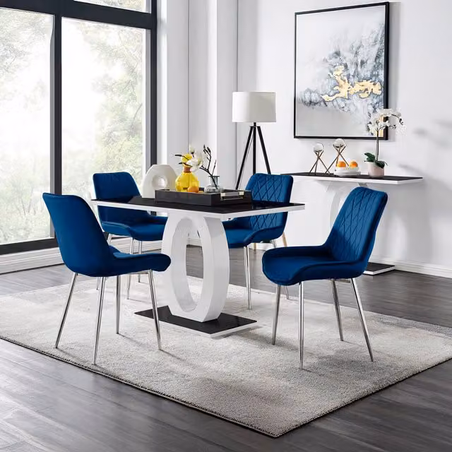 FurnitureboxUK Giovani Black Glass Dining Table and Four Blue Upholstered Chairs with Silver Legs, W/D/H: 120 x 70 x 70 cm