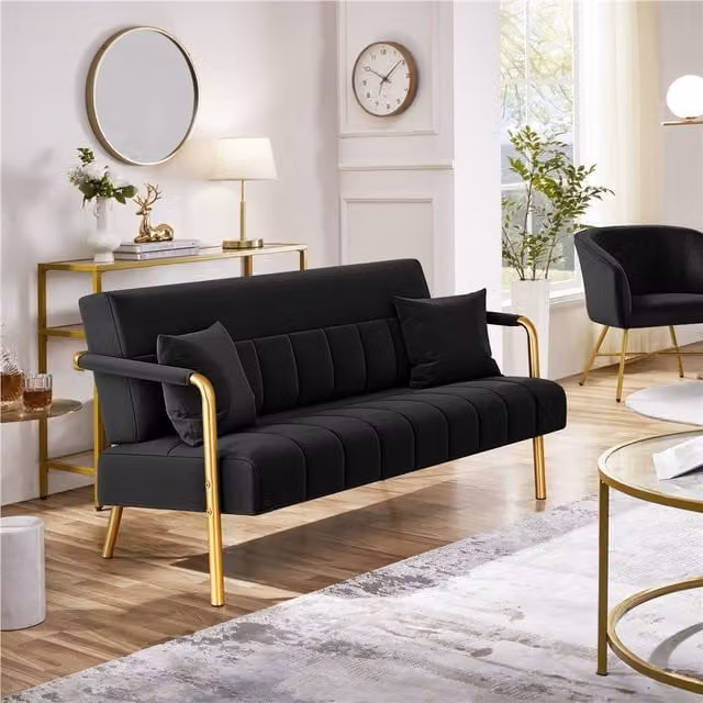 Yaheetech Modern Black Velvet Upholstered Sofa with Gold Metal Frame