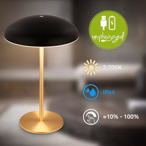 Briloner Rechargeable LED Table Lamp with Touch Dimming, IP44 Rated, Black and Gold/Brass, H x W x D: 30.5 x 19.5 x 19.5 cm – 7