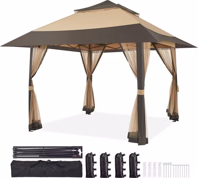 Yaheetech Brown Pop-Up Gazebo with Side Walls, W 4 m x D 4 m