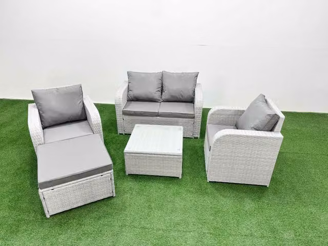 Fimous 5 Seater Light Grey PE Rattan Garden Furniture Set with Upholstered Cushions, Reclining Chairs, Coffee Table and Ottoman
