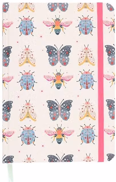 Kingsbury Gifts Floral Insect Print A5 Hardcover Lined Notebook with Bookmark and Elastic Closure in Pink, Gold and Multicolour