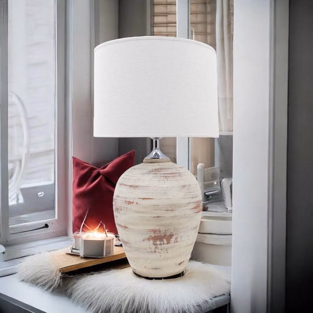 Minster White Ceramic Table Lamp with Fabric Cylinder Shade, W27 x D27 x H61 cm – 4