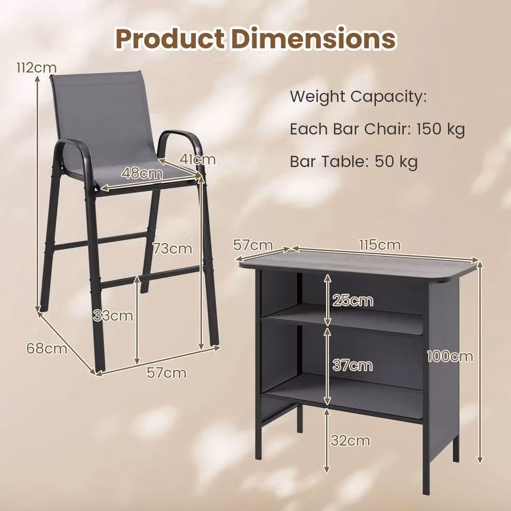 Hinsinc Grey 3-Piece Modern Patio Bar Height Table and Chairs Set – 2