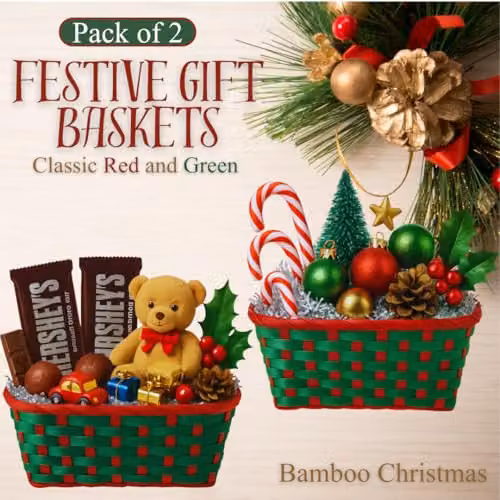 Almineez Set of 2 Bamboo Christmas Hamper Baskets in Red and Green, Rectangular Open Weave Storage Baskets – 3