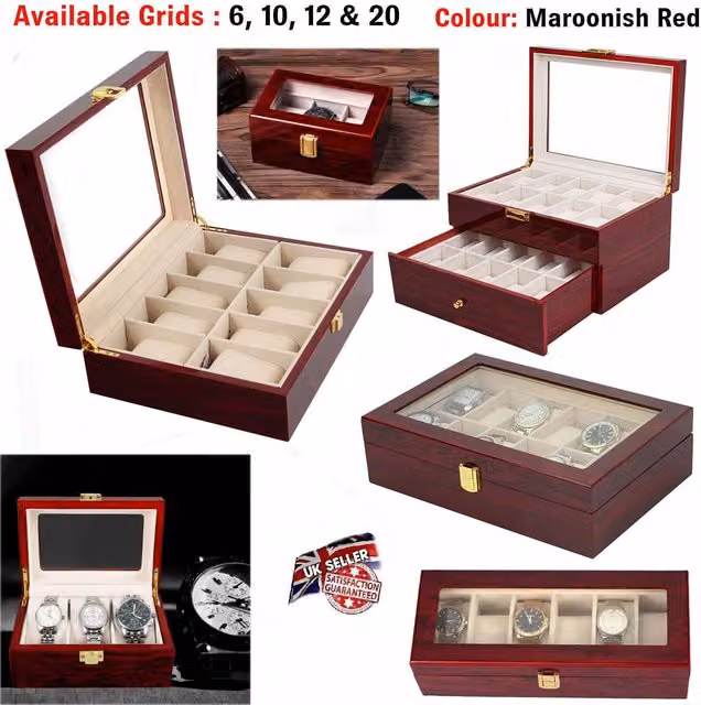 Xample Red Leather Watch Display Case and Jewelry Collection Storage Organizer Box with Glass Lid