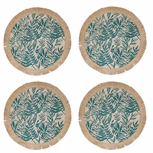 Creative Tops Set of 4 Round Jute Hessian Placemats in Green Floral Pattern, Diameter: 42 cm