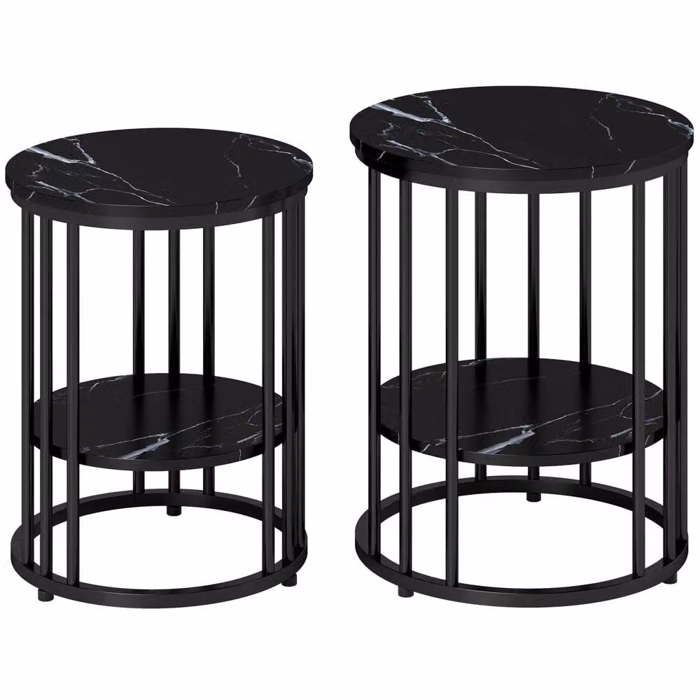 Wyld Haus Dilisu Set of 2 Black Marble Effect Round Coffee Tables with Glossy Metal Sled Base – 2