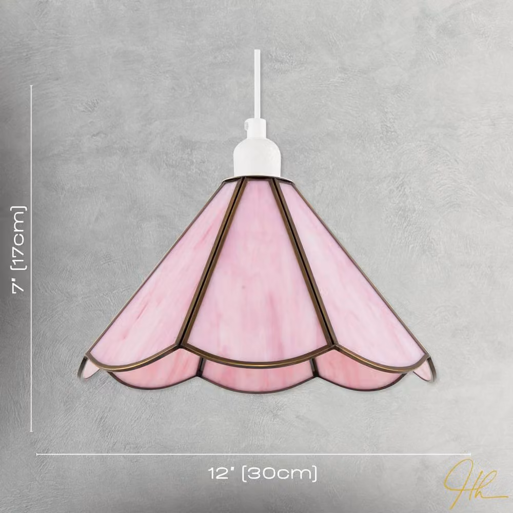 Happy Homewares Tiffany Glass Panelled Easy-Fit Pendant Shade in Pink with Antique Brass Trim, Diameter: 30.48 cm – 3