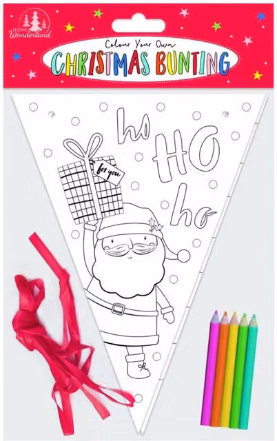 KDMD Colour Your Own Christmas Bunting with 6 Pack Assorted Colouring Pencils, White and Multicolour