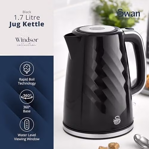Swan Windsor Rapid Boil Kettle with Removable Limescale Filter and Auto Shut-off, 1.7 l, Black – 2