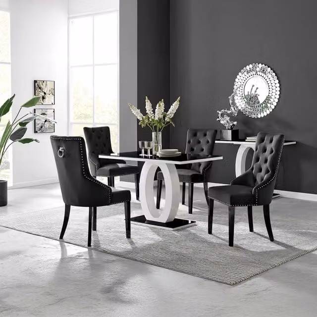 Giovani Black Rectangular Glass Dining Table and 4 Belgravia Black Leg Chairs Set