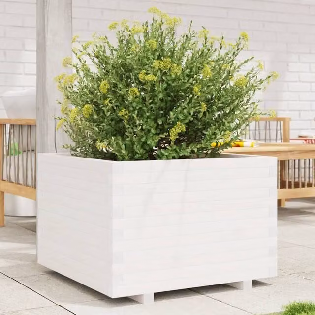 Berkfield Home White Solid Wood Pine Garden Planter Tub W: 70 cm, D: 70 cm, H: 49.5 cm – 1