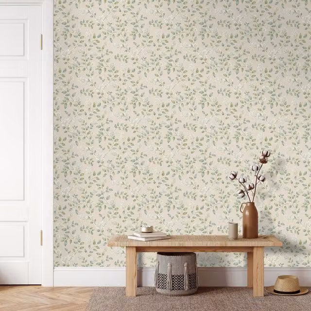 Grandeco Forget Me Not Floral Wallpaper in Green and Neutral