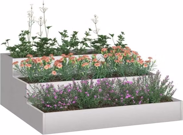 Berkfield Home Modern 3-Tier Garden Planter in Silver Stainless Steel, W/D/H: 90 x 90 x 35 cm – 1