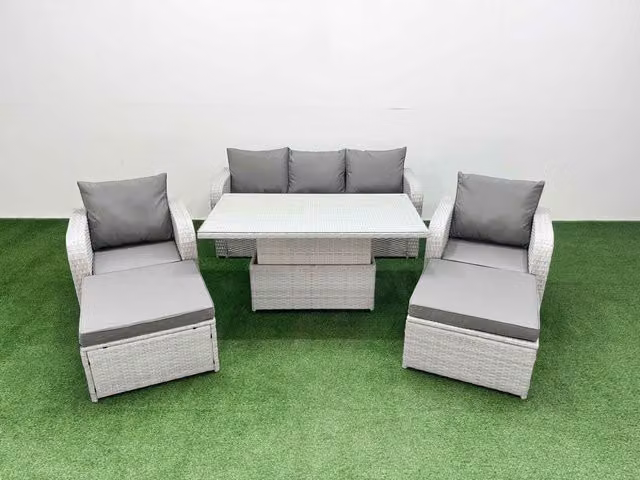 Fimous PE Rattan Garden Furniture Set in Light Grey with 3-Seater Sofa, Coffee Table, and 2 Ottomans
