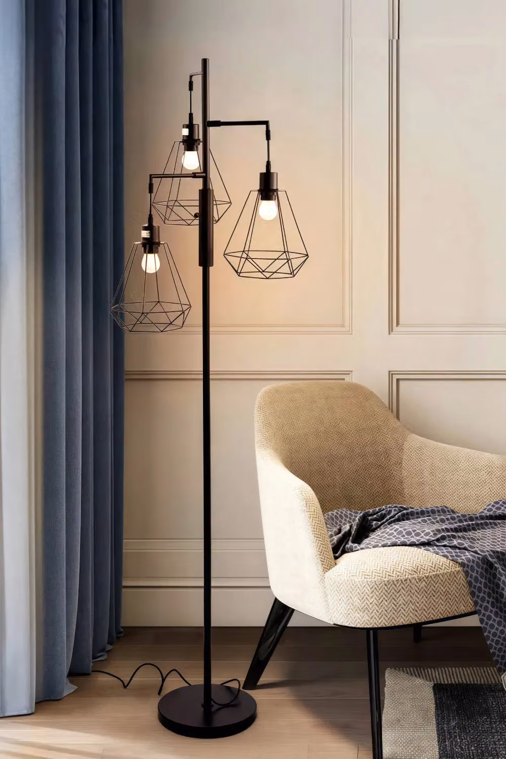 Living and Home Modern Industrial Black 3-Head Metal Floor Lamp with Diamond Cage Shade – 2