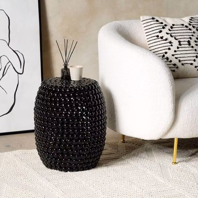 Wyld and Coco Beaded Drum Side Table in Black Metal, Diameter: 62 cm, Height: 62 cm