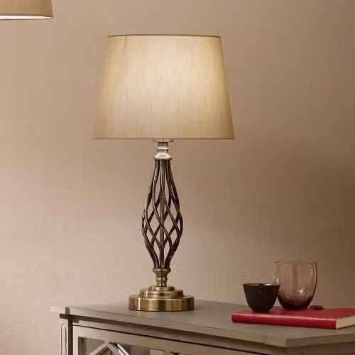 Ruma Swirl Twist Base Table Lamp with Champagne Polysilk Shade in Gold/Brass – 1