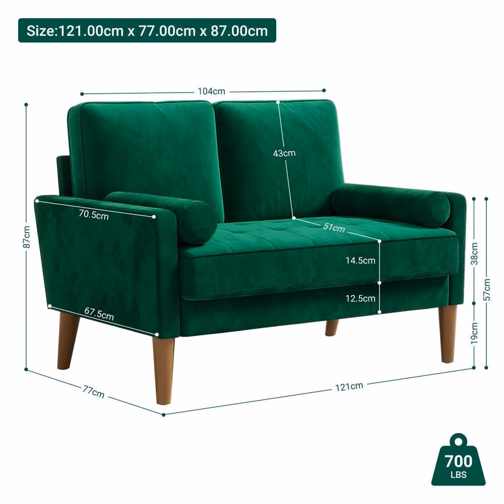 Dprodo Green Velvet Love Seat Couch with 2 Scatter Cushions, Width: 121 cm – 4