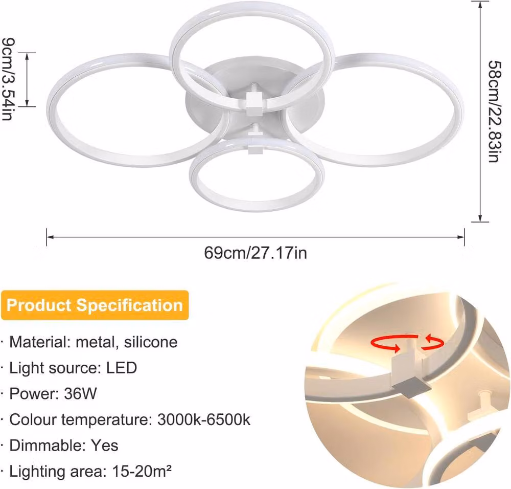 Goeco Round LED Ceiling Light 39W, Dimmable and Adjustable with Remote Control, White – 3