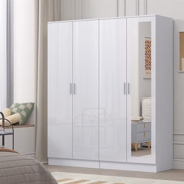 REFLECT Black Gloss Wardrobe Bundle with Mirror and 2-Door Plain Design in White and Black Gloss/Matt White