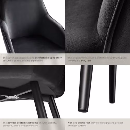 tectake Set of 4 Marilyn Dining Chairs in Black Velvet Look with Armrests and Metal Legs – 6