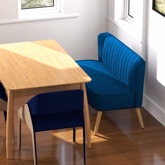 HOMCOM Modern Blue Fabric Double Seat Sofa with Wood Legs
