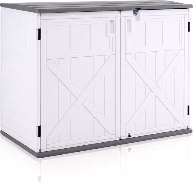 COSTWAY White Plastic Outdoor Garden Storage Cabinet with Internal Shelving and Lock, W/D/H: 118 x 63 x 94 cm