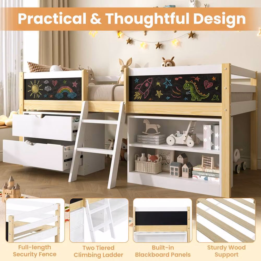 Matteo Single Low Loft Bed in White with Storage Drawers and Stairs, Solid Wood Frame – 3