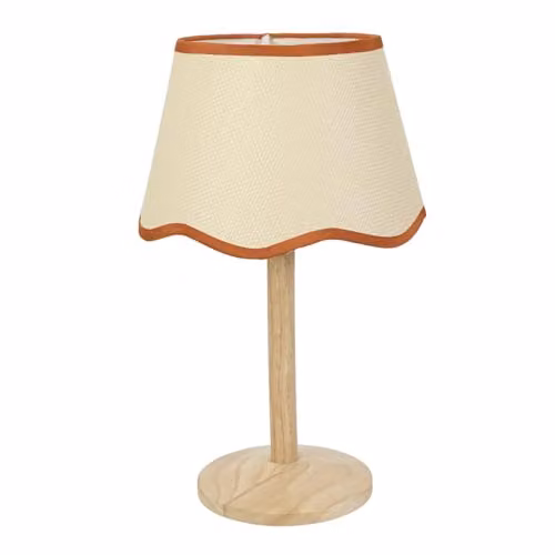 ValueLights Single Stem Natural Wood Table Lamp with Rust Trim Scallop Shade and Included LED Bulb