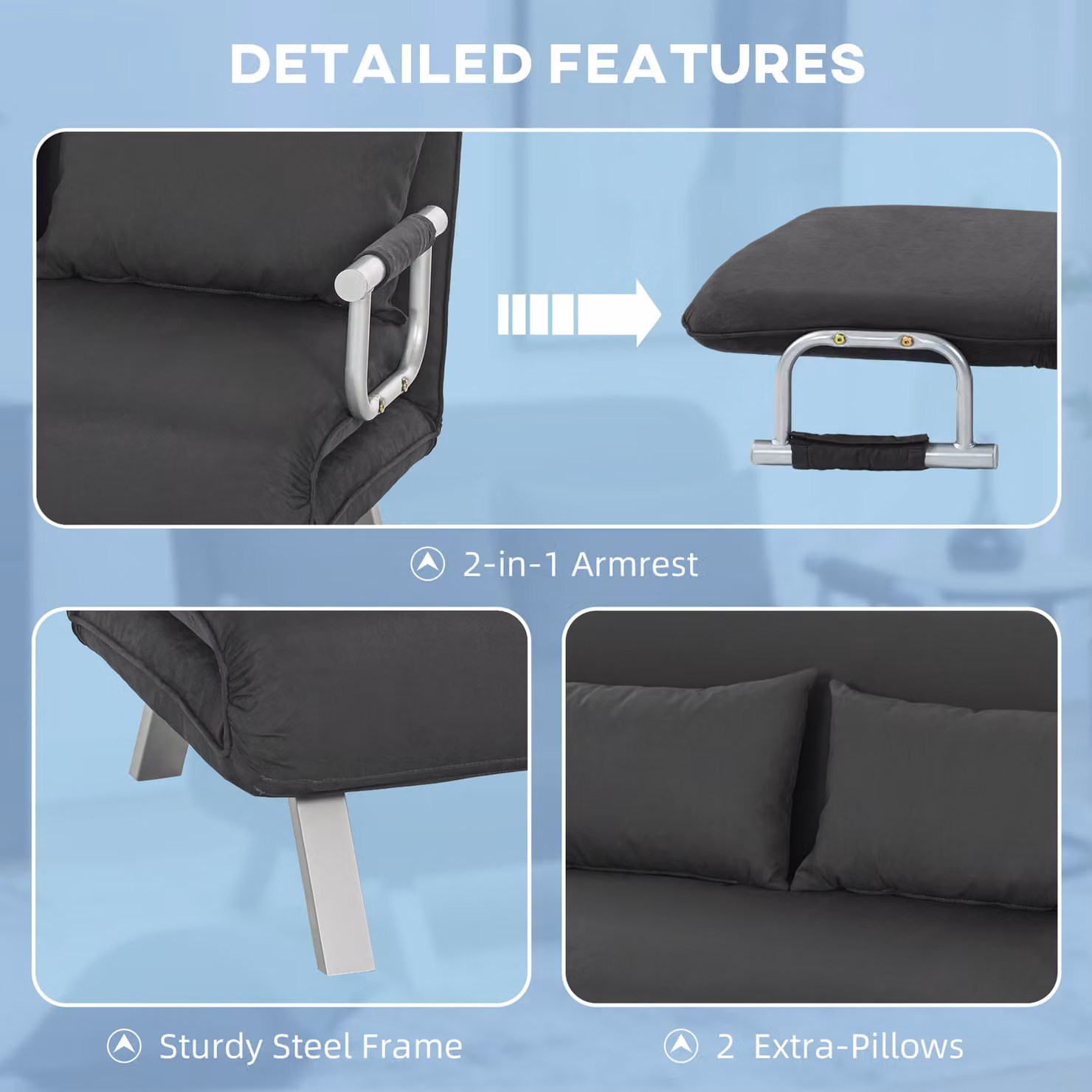 HOMCOM Two-Seater Click-Clack Sofa Bed in Grey Microfibre Fabric with Metal Frame – 5