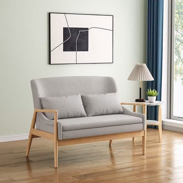 Livingandhome 2 Seater Retro Fabric Loveseat Sofa in Light Brown with Scatter Cushions and Solid Rubberwood Frame