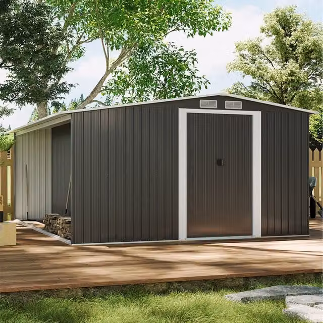 Livingandhome Modern Metal Pent Garden Shed with Log Storage and Sliding Doors in Black/Anthracite