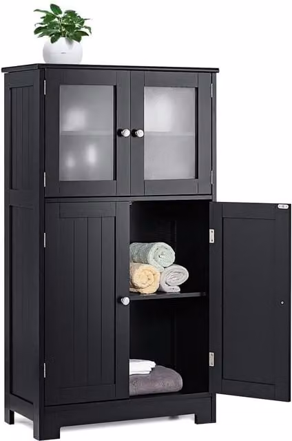 Costway Black Freestanding Bathroom Floor Cabinet with 2 Tempered Glass Doors and Internal Shelves – 1