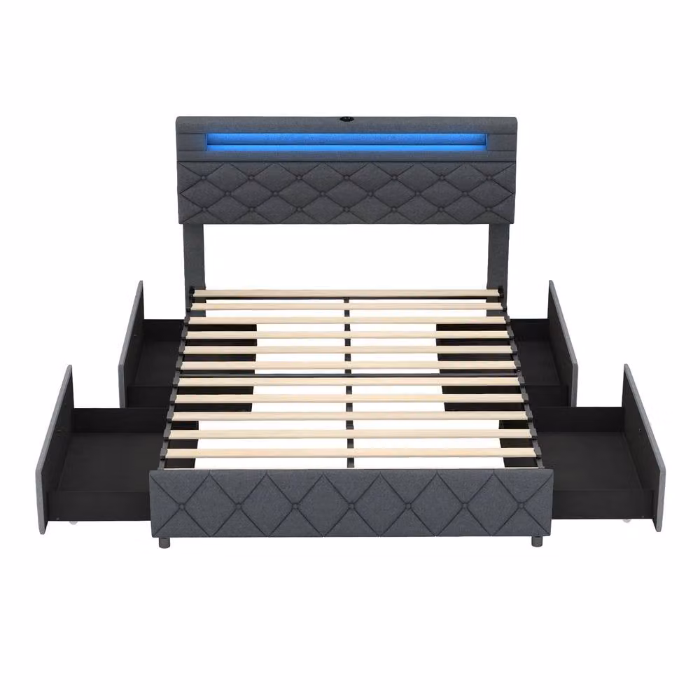Costway Double Size Upholstered Bed Frame in Grey with LED Lights, USB Charging Port and Drawers, W/D/H: 140 x 200 cm – 9