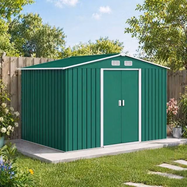 STILVORA Green Steel Pent Garden Shed with Lockable Double Doors, W/D/H: 274.32 x 192.0 x 228.6 cm – 1