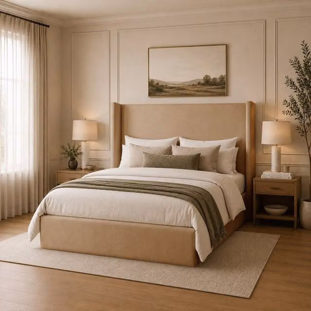 Desire Deco Lynx Wingback Upholstered Bed Frame in Beige, Size: Single (90 x 200 cm)