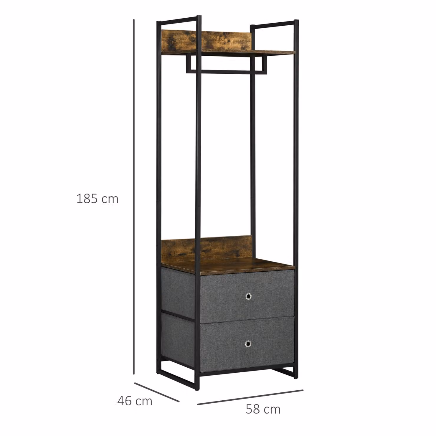 HOMCOM Metal Clothes Rail and Coat Stand with 2 Fabric Drawers in Rustic Brown and Grey – 3