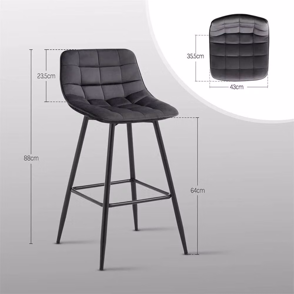 Nordara Set of 2 Modern Velvet and Metal Bar Stools in Dark Grey – 2