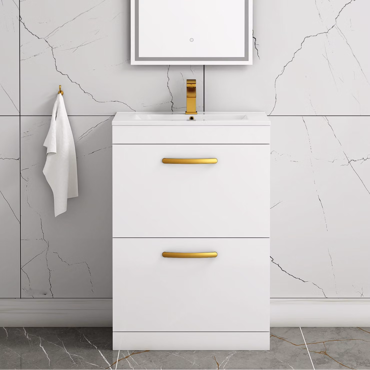Royal Bathrooms Turin 600mm Gloss White Floor Standing 2 Drawer Minimalist Vanity Unit with Brushed Brass Handles