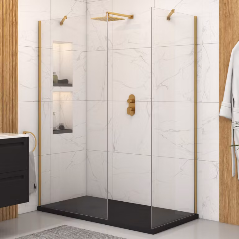 Royal Bathrooms Marbella Walk In Shower Enclosure with Black Mineral Cast Stone Tray and Brushed Brass Details, W/D: 170 x 90 cm, 8mm Easy Clean Glass