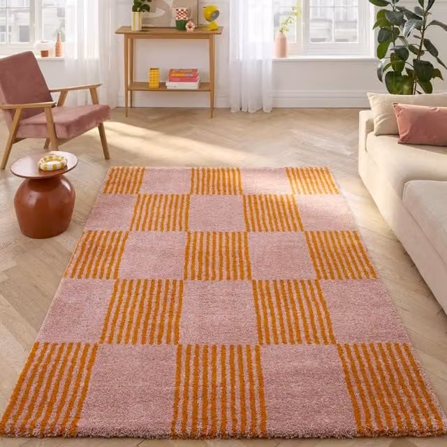 sweeek Checkerboard Interior Rug in Orange and Pink, W: 160 cm, D: 230 cm