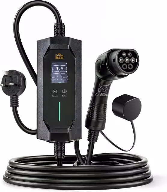 HOMCOM EV Charger Type 2 to 3 Pin Plug, 2.8 kW, 6-13 A, 10 m, Black – 1