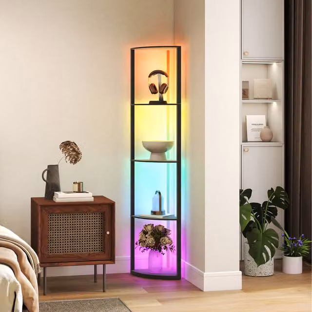 HOMCOM RGB LED Floor Lamp with Shelves and Remote Control, Black