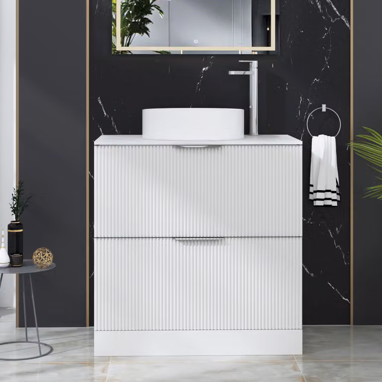 Royal Bathrooms Evora 800mm Matt White Fluted Floor Standing 2 Drawer Vanity Unit with Carrara White Stone Worktop