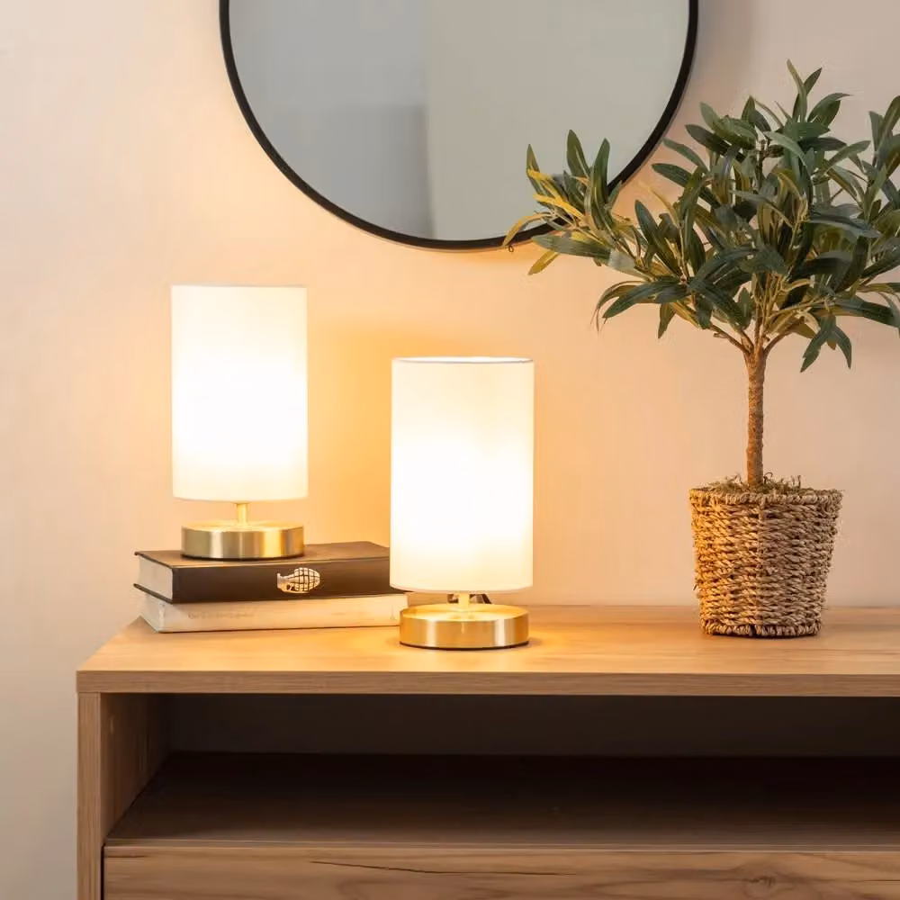 ValueLights Francis Pair of Dimmable Touch Table Lamps with LED Bulbs, Brushed Gold and White – 2